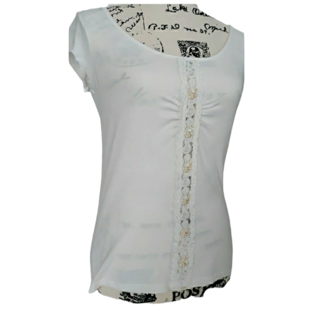 Weaver intage 1990s sz Large Womens weavers girl white lace pearl trim top shirt